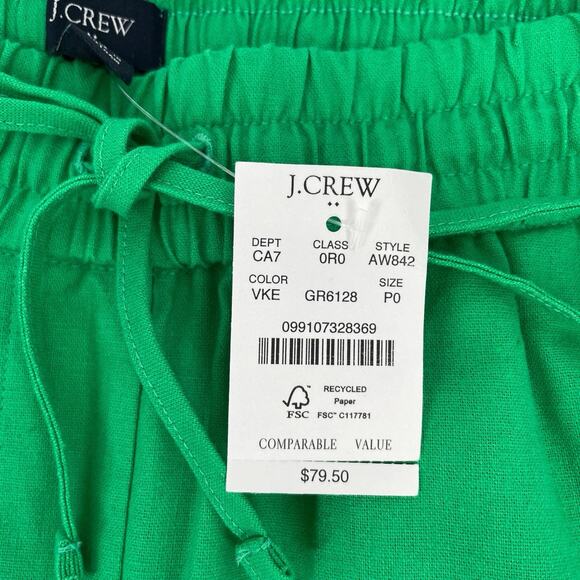 J.Crew Pants Women 0 Petite Green Linen Cotton Drawstring NEW Pull On AW842 Cuff - Picture 2 of 7